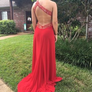RED DRESS WITH GOLD AND SILVER BEADING